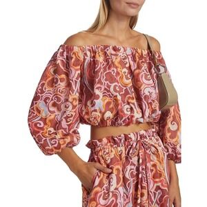 A.L.C. Katherine Linen Off Shoulder Crop‎ Top Balloon Sleeve Swirl Print Size XS